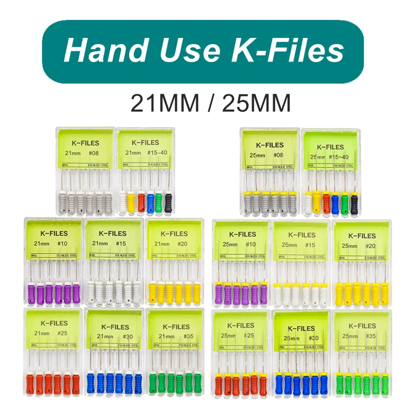 6 unids/pack de limas dentales Endo uso manual limas K taladros de tratamiento de conducto radicular de acero inoxidable instrumentos endodónticos