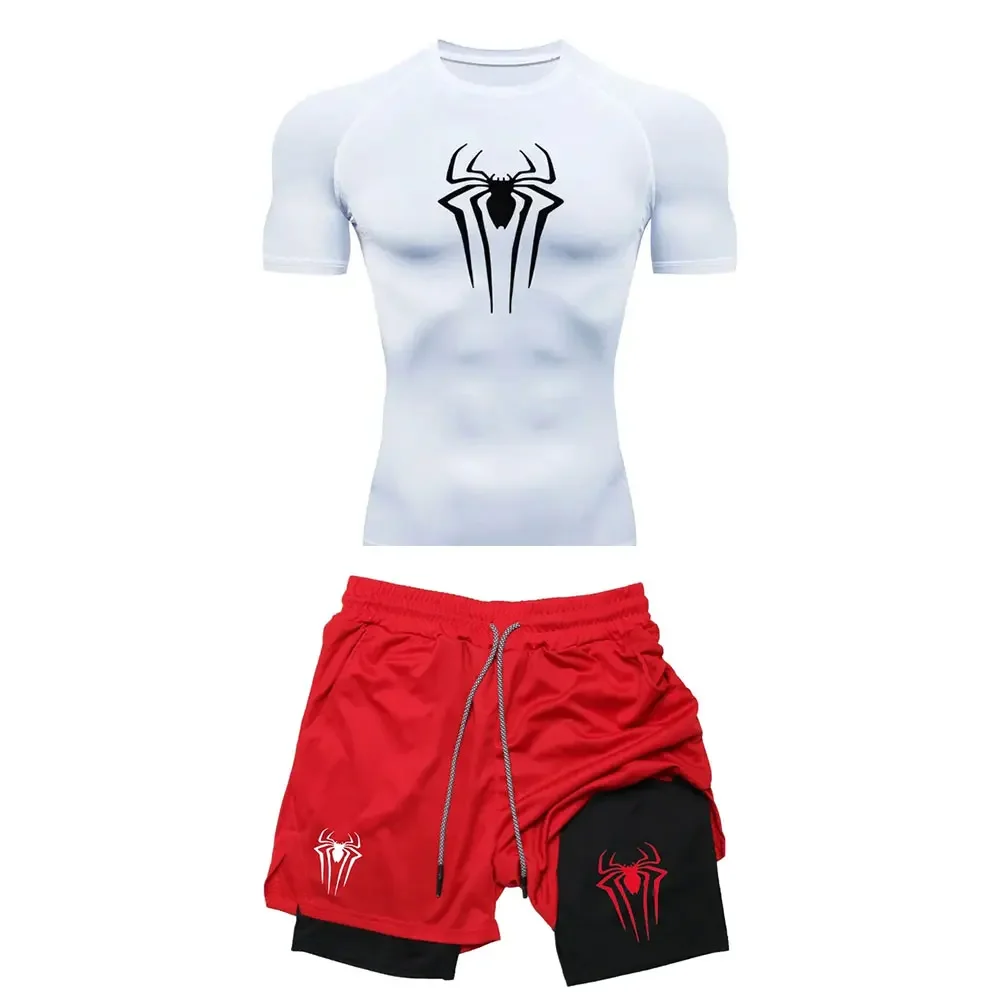 Conjunto de compresión de entrenamiento para hombre, camisetas con estampado de araña Y2K, pantalones cortos transpirables para correr, secado rápido, ropa deportiva
