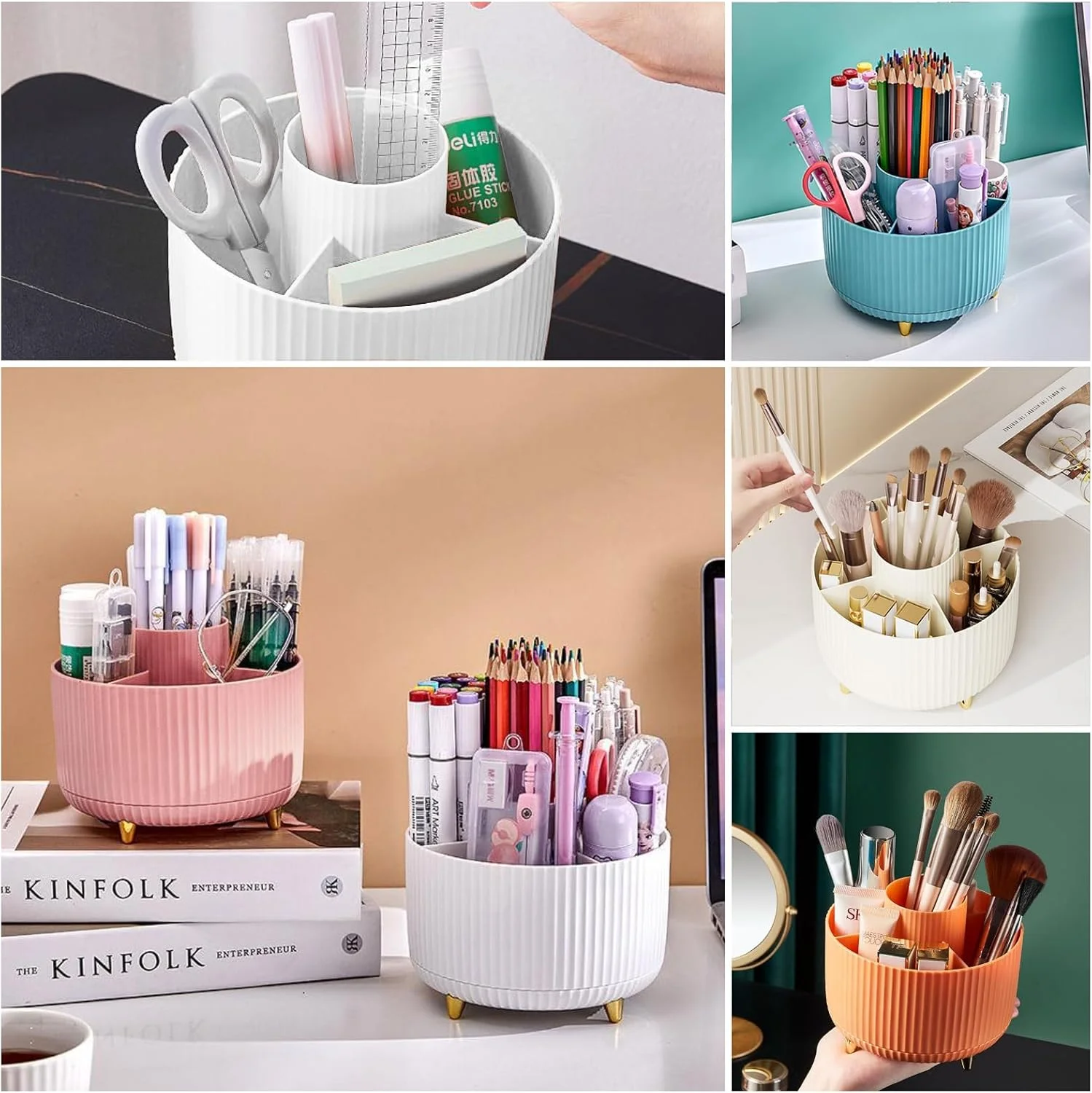 360 °   Caja de almacenamiento de herramientas de maquillaje giratoria, organizador de escritorio, soporte para brochas cosméticas, lápiz labial, ceja, lápiz, contenedor de joyería