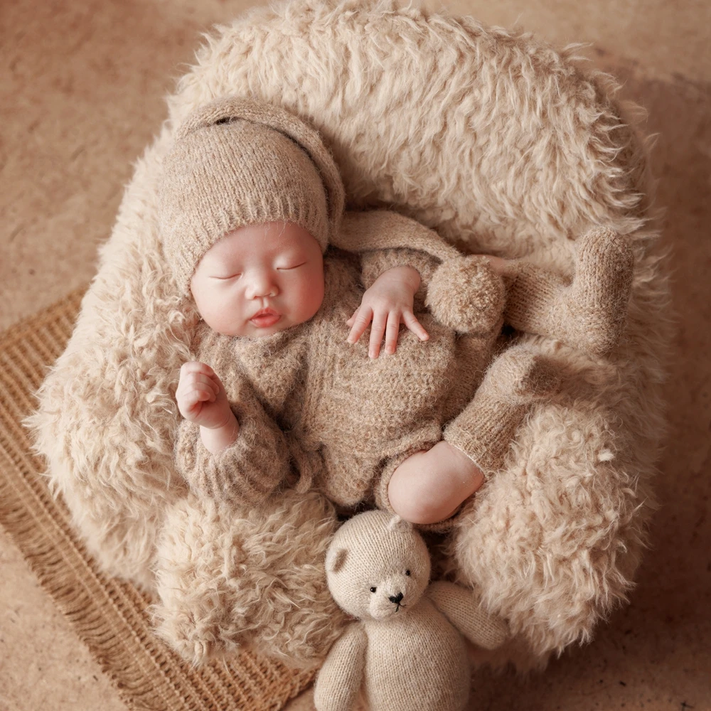 Trajes de punto para sesión de fotos de recién nacido, Top de manga larga, sombrero corto suave para dormir, calcetines, ropa de fotografía infantil blanca, disfraz para recién nacido