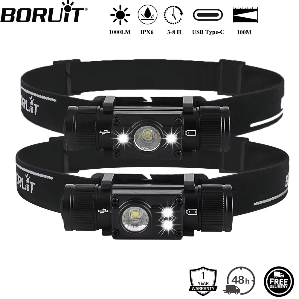 BORUiT HP300/HP500 linterna frontal LED 7 modos 1000LM potente linterna frontal recargable tipo C linterna de caza para acampar