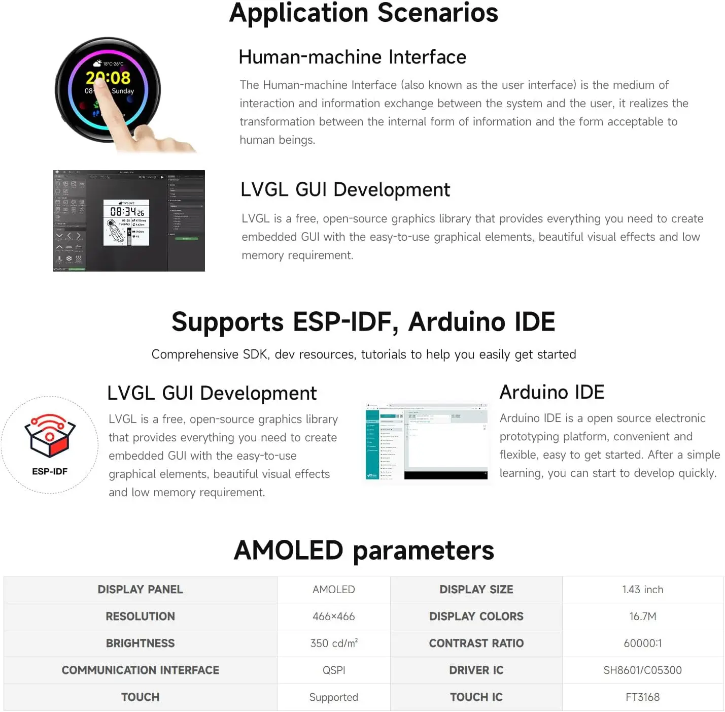 Waveshare ESP32-S3 Placa de desarrollo de pantalla táctil AMOLED de 1,43 pulgadas pantalla redonda 466x466 pantalla ESP32 desarrollo HMI LVGL GUI