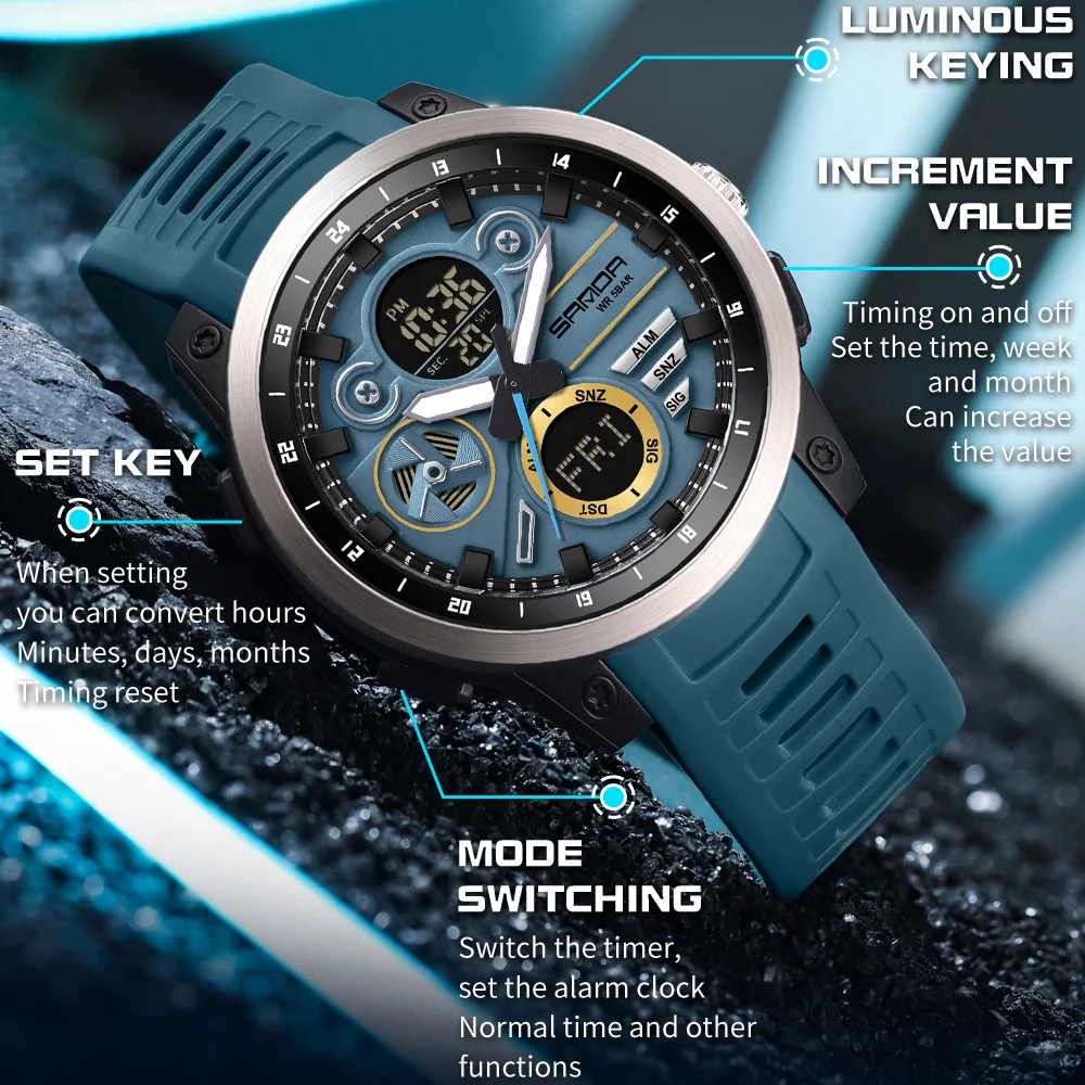 Reloj de pulsera deportivo SANDA para hombre, correa de TPU, reloj de cuarzo resistente al agua, reloj Digital luminoso con pantalla Dual para hombre, reloj Masculino