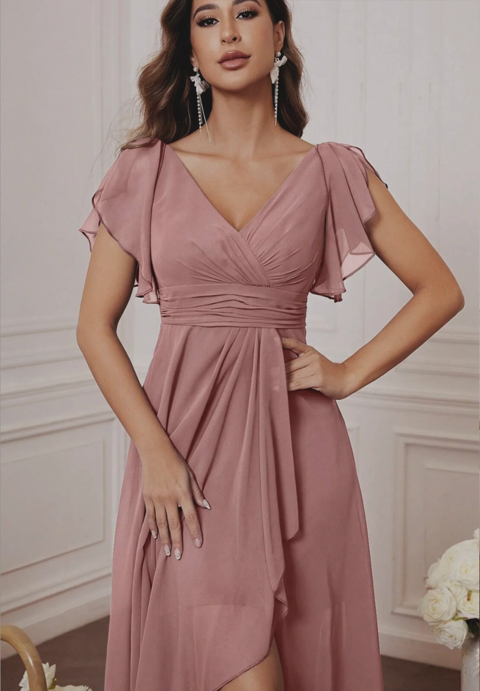 Vestido de gasa con escote en V, mangas con forma de hoja de loto, cintura alta, plisado, falda fluida, vestido para damas de honor, vestido largo de noche de estilo francés.