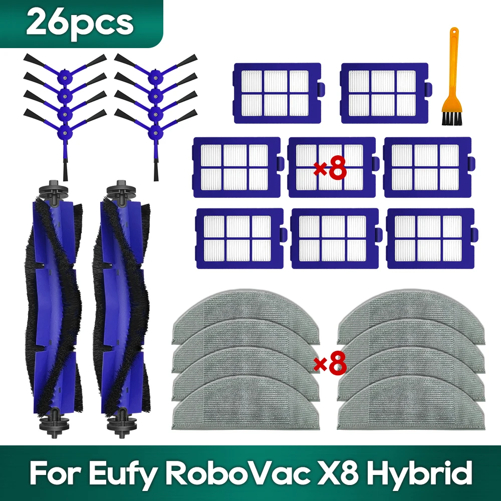 Compatible con el kit de repuestos y accesorios para el Eufy RoboVac X8 Hybrid, cepillo lateral principal, filtro Hepa, paños de limpieza y trapo de limpieza.