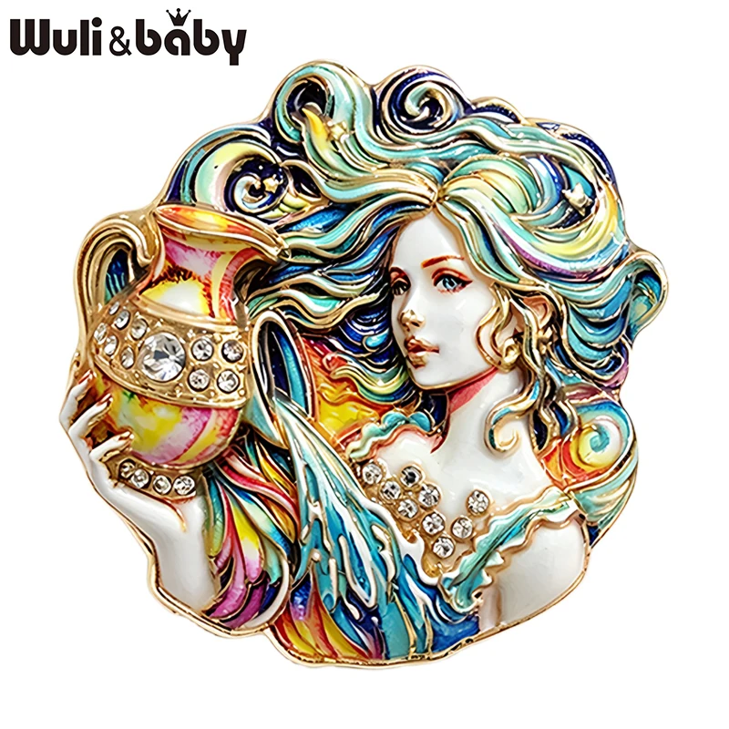 Wuli&baby Broches encantadores de dama de Acuario para mujer, unisex, de 2 colores, con diamantes de imitación, signo del zodíaco, personaje, fiesta, oficina, broche, regalo
