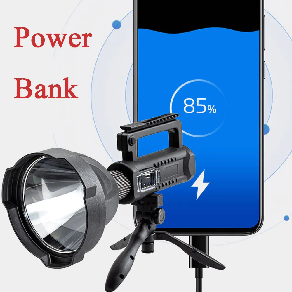 Potente linterna LED portátil, soporte montable, reflector de mano, foco recargable por USB, luz de antorcha impermeable