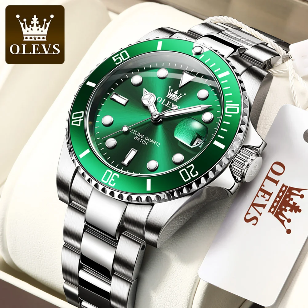 OLEVS 5885 relojes para hombre, correa de acero inoxidable de negocios, reloj de cuarzo verde, calendario resistente al agua, reloj de pulsera luminoso de alta calidad