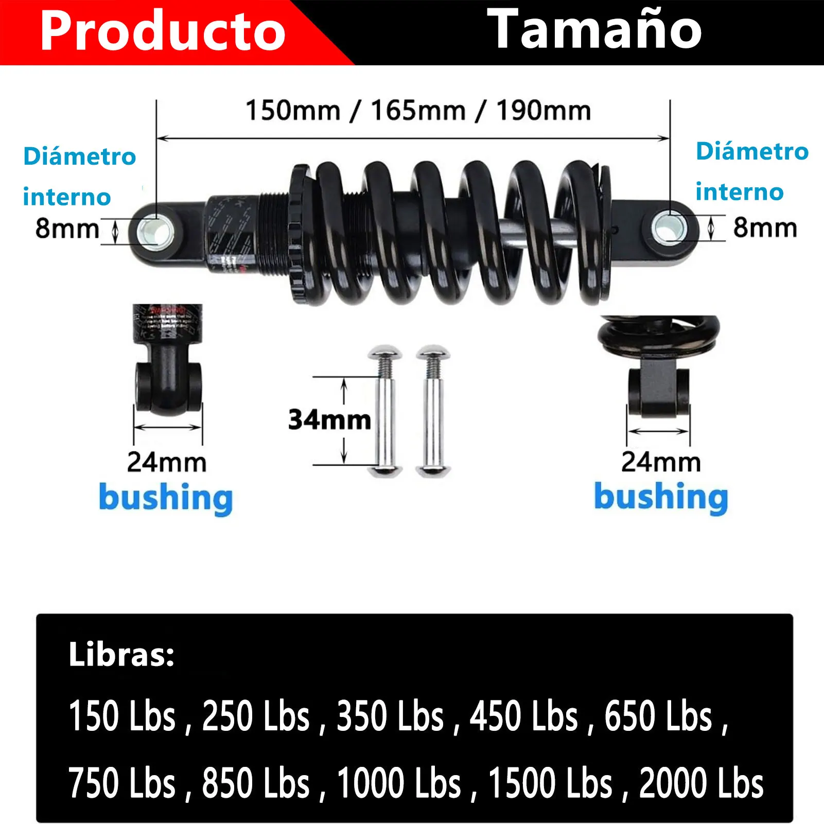 AttLvTu-amortiguador Trasero para Bicicleta de Montaña, Suspensión de Resorte de Bobina de 150mm, 165mm y 190mm, Para e-bike y Silla de Ruedas