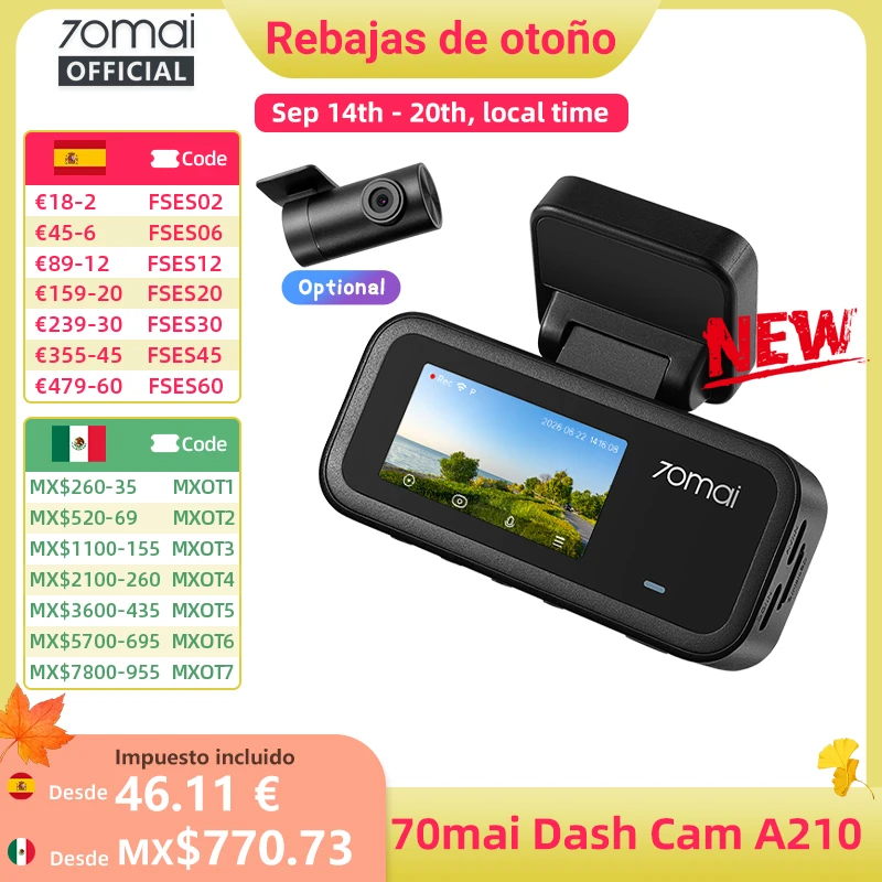 【Nuevo】70mai A210 Dash Cam 1080P HDR Grabadora Automática 24H Estacionamiento 132 °   Supercapacitor FOV de Doble Canal con GPS Integrado y Wi-Fi 6
