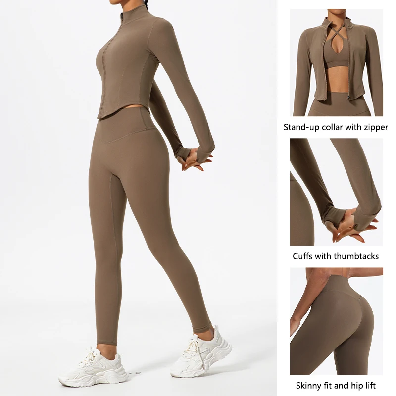 Conjunto Deportivo Hearuisavy de Verano para Mujer, 2 Piezas, Tejidos Ultrasuaves, Manga Larga, Secado Rápido, Ropa de Yoga, Leggings, Chaqueta Deportiva