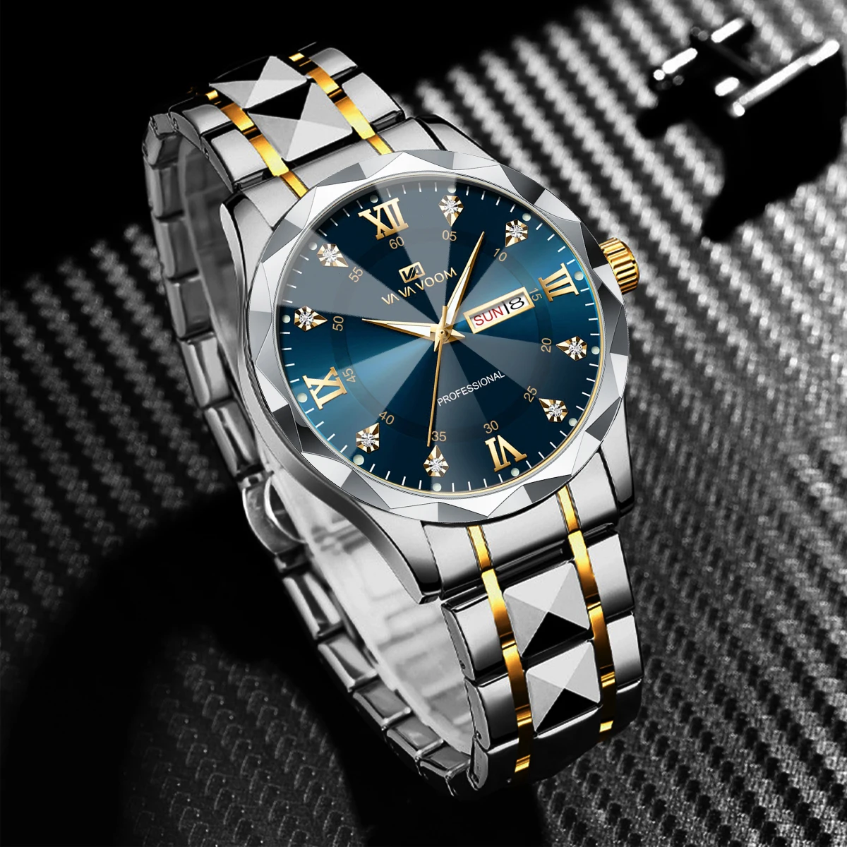 Reloj de negocios de acero inoxidable para hombre, cronógrafo de lujo con brillo nocturno, doble Calendario, movimiento de cuarzo, 41mm, oro azul