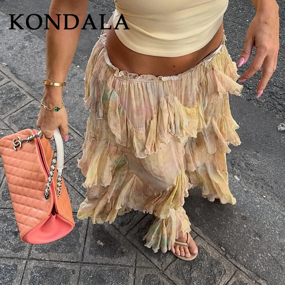 KONDALA Primavera Verano 2026, Faldas Casuales Estampadas para Mujer, Elegantes y a la Moda, Estilo Playa, Falda Larga en A con Volantes para Damas