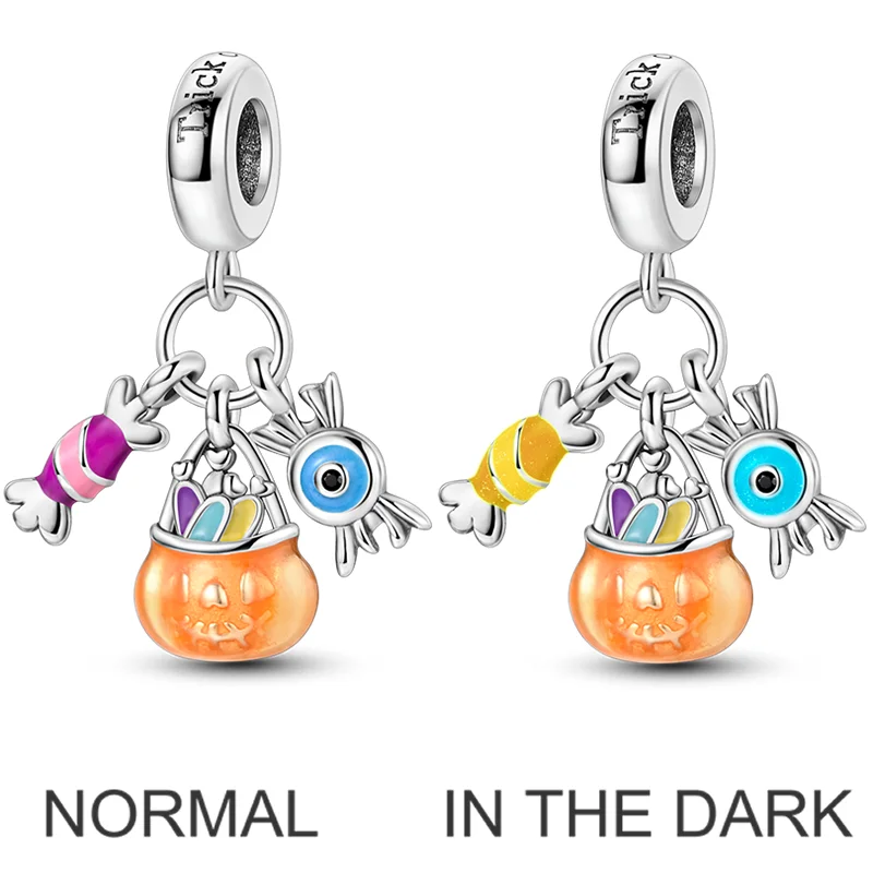 Abalorio Colgante de Plata de Ley 925 con Calavera de Halloween y Cabeza de Calabaza con Circones Brillantes, para Pulsera, Regalo de Joyería DIY para Mujer, 2026