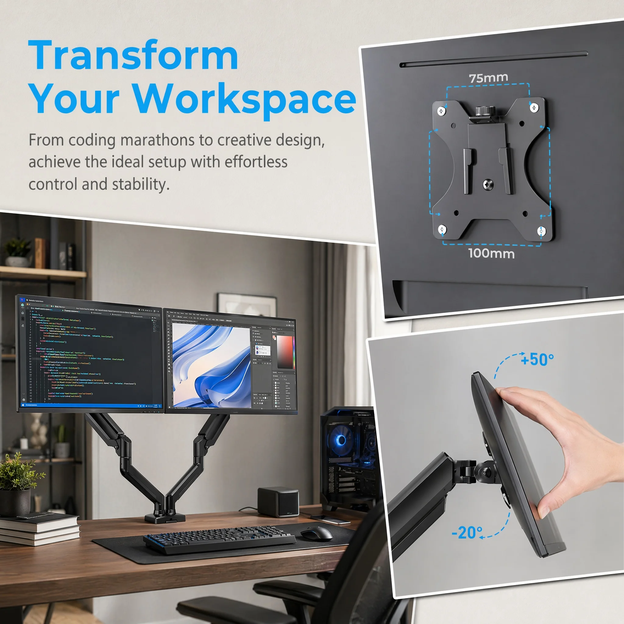 Soporte para dos monitores de hasta 33 pulgadas, capacidad de carga máxima de 22 lbs por brazo, soporte ajustable para dos monitores, soporte de monitor VESA de acero resistente con VESA estable de 75x75 100x100 mm