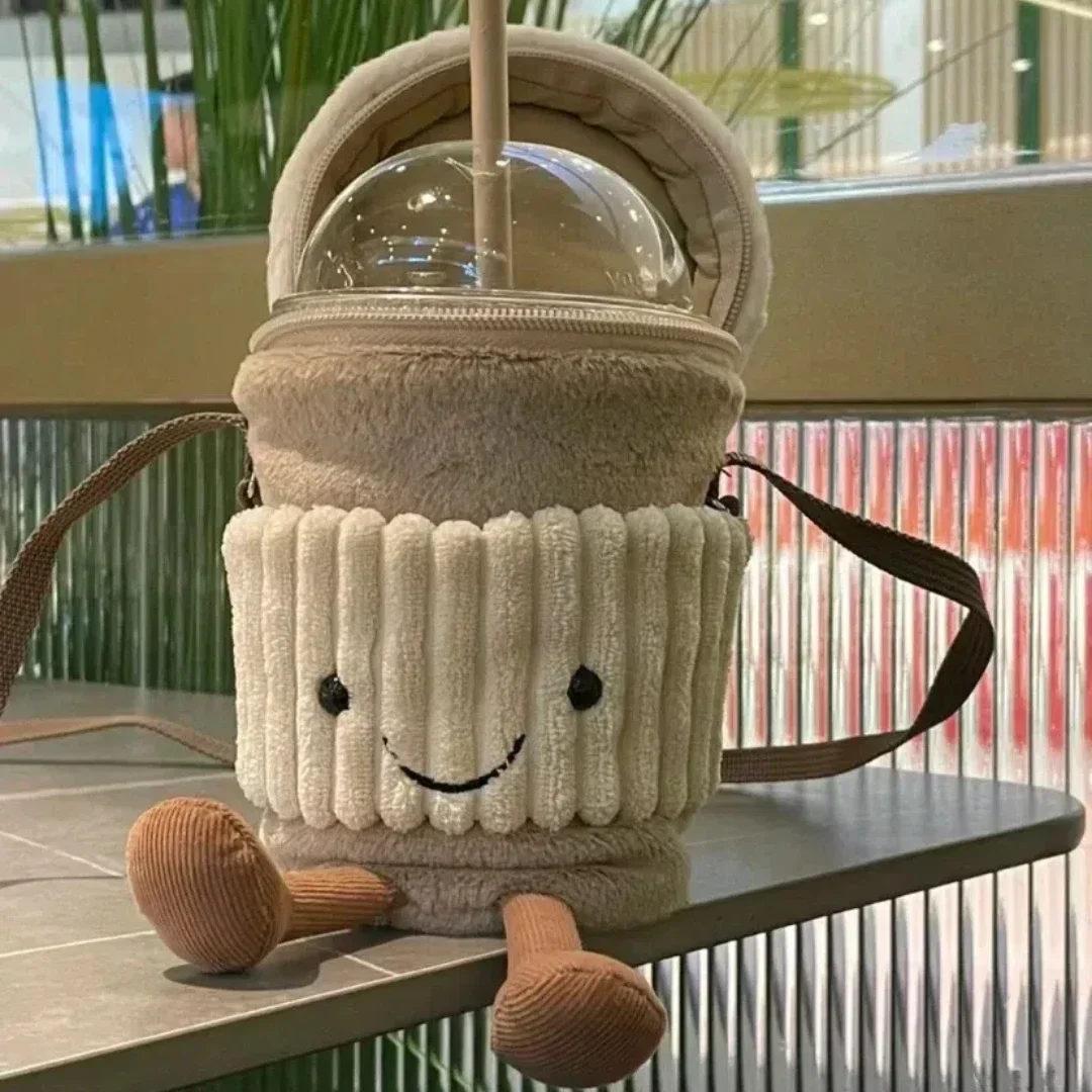 Réplica de bolsa de té de la leche y café de dibujos animados, colgante interesante, llavero de juguete de peluche, muñecas, tazas de acompañamiento, bolsas cruzadas de felpa