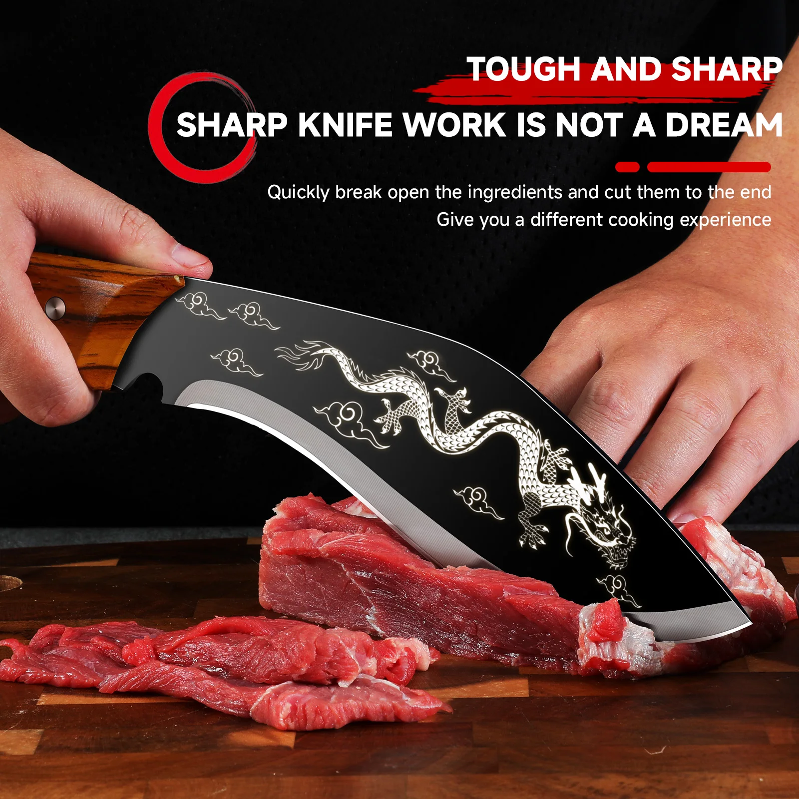 Stainless Steel Dragon Flower Pattern Chopping Meat Cleaver Hand Forged Kitchen Knife Wooden Handle Butcher Knife