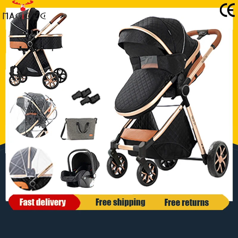 Cochecito de Lujo 3 en 1 con Silla de Auto para Recién Nacidos, Arnés de Seguridad de Cinco Puntos, Cochecito de Cuatro Ruedas con Amortiguación, Plegable, para Viajes en Avión y Viajes Largos, con Ruedas EVA Antiexplosión y Cesta, Nuevo Modelo