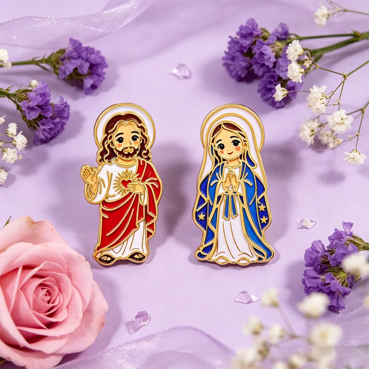 Juego de 2 broches de esmalte de Jesús y la Virgen María para abrigos, broches vintage, insignias de metal para cuello y solapa, regalo de joyería
