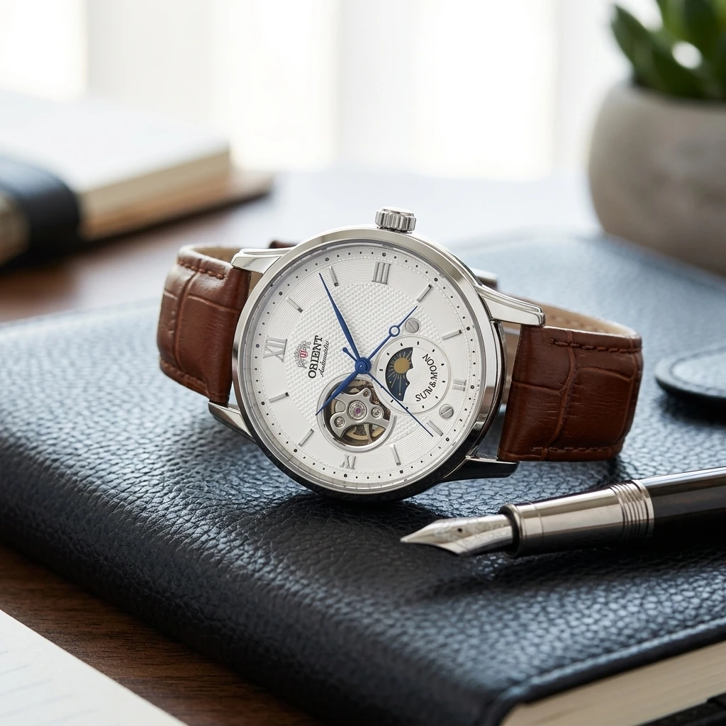 Reloj Mecánico Automático Orient para Hombre, Fase Solar y Lunar, Esfera Esqueletizada, Correa de Cuero con Textura de Cocodrilo, Reloj de Pulsera para Caballero de Negocios