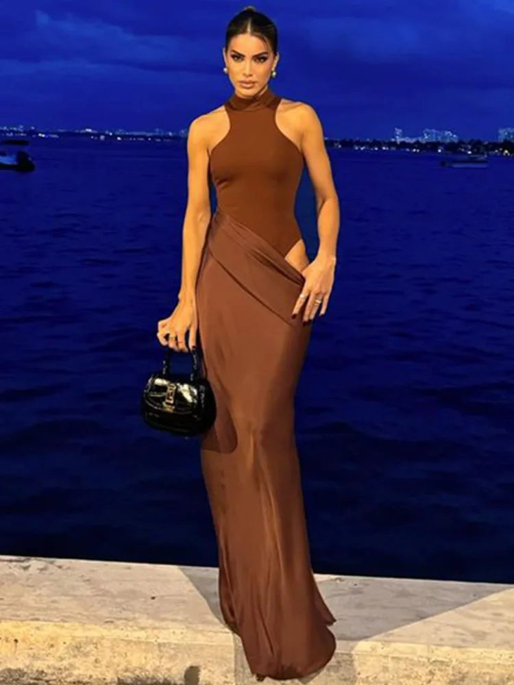 JULISSA MO satén Sexy ahuecado mujeres Maxi vestido negro sin mangas vestido de cintura alta mujer otoño ajustado elegante fiesta Clubwear