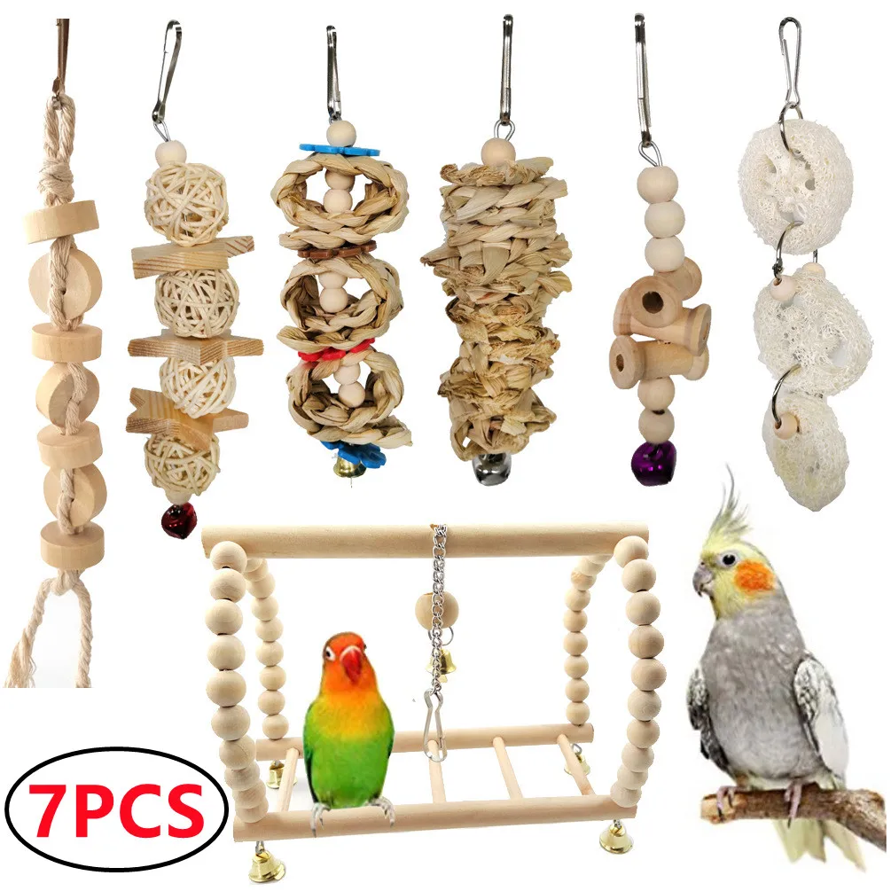 Juego de juguetes para pájaros combinados, columpio, juguetes de entrenamiento para masticar, hamaca colgante para loros pequeños, jaula para loros, campana, perca, juguetes con escalera