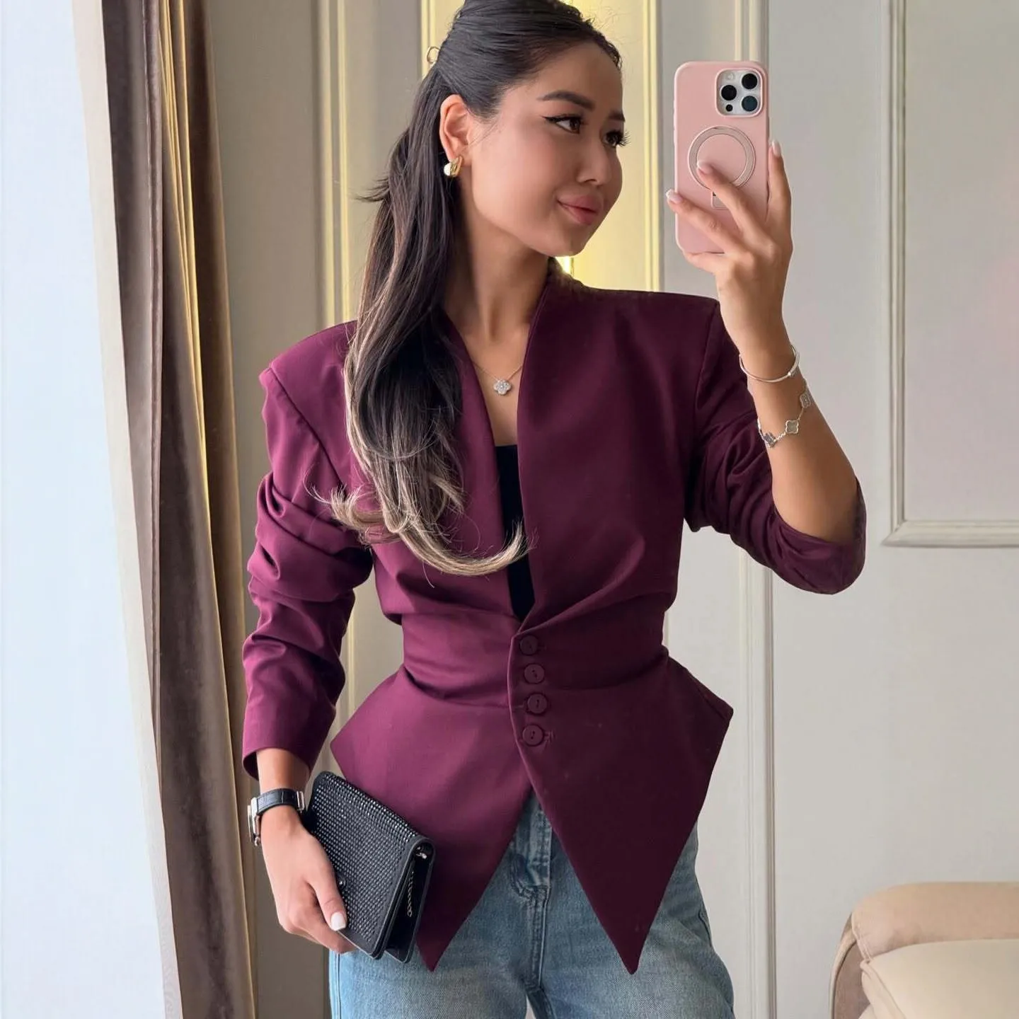 Chaqueta de Traje Sólida con Cordones UNITIM 2026, Chaqueta Plisada para Mujer, Elegante con Cuello en V, Cintura Ajustada, Abotonadura Sencilla, Manga Larga con Lazo