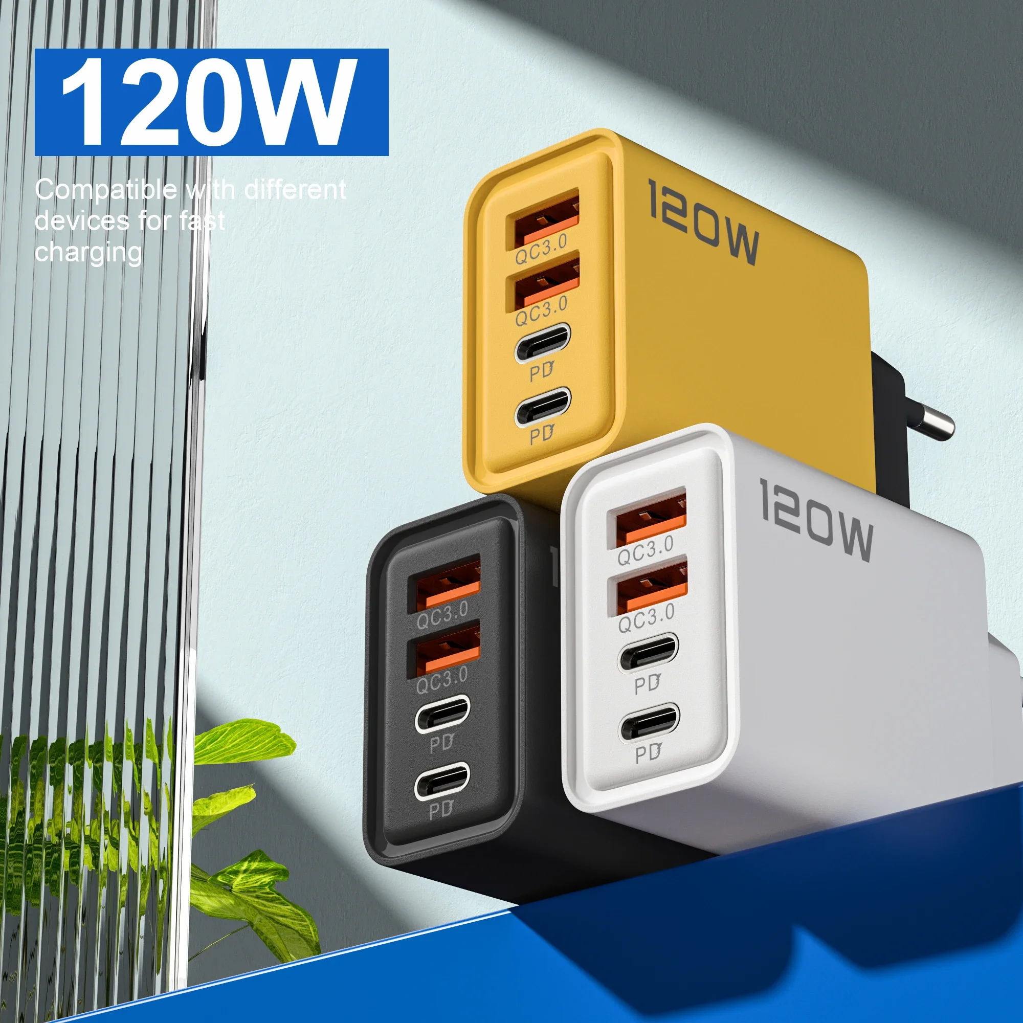 Cargador USB-C de 120W con 4 Puertos, Carga Rápida PD 3.0, Cargador de Teléfono Tipo-C, Adaptador de Carga Rápida para iPhone 17, 16, 15, Xiaomi, Samsung