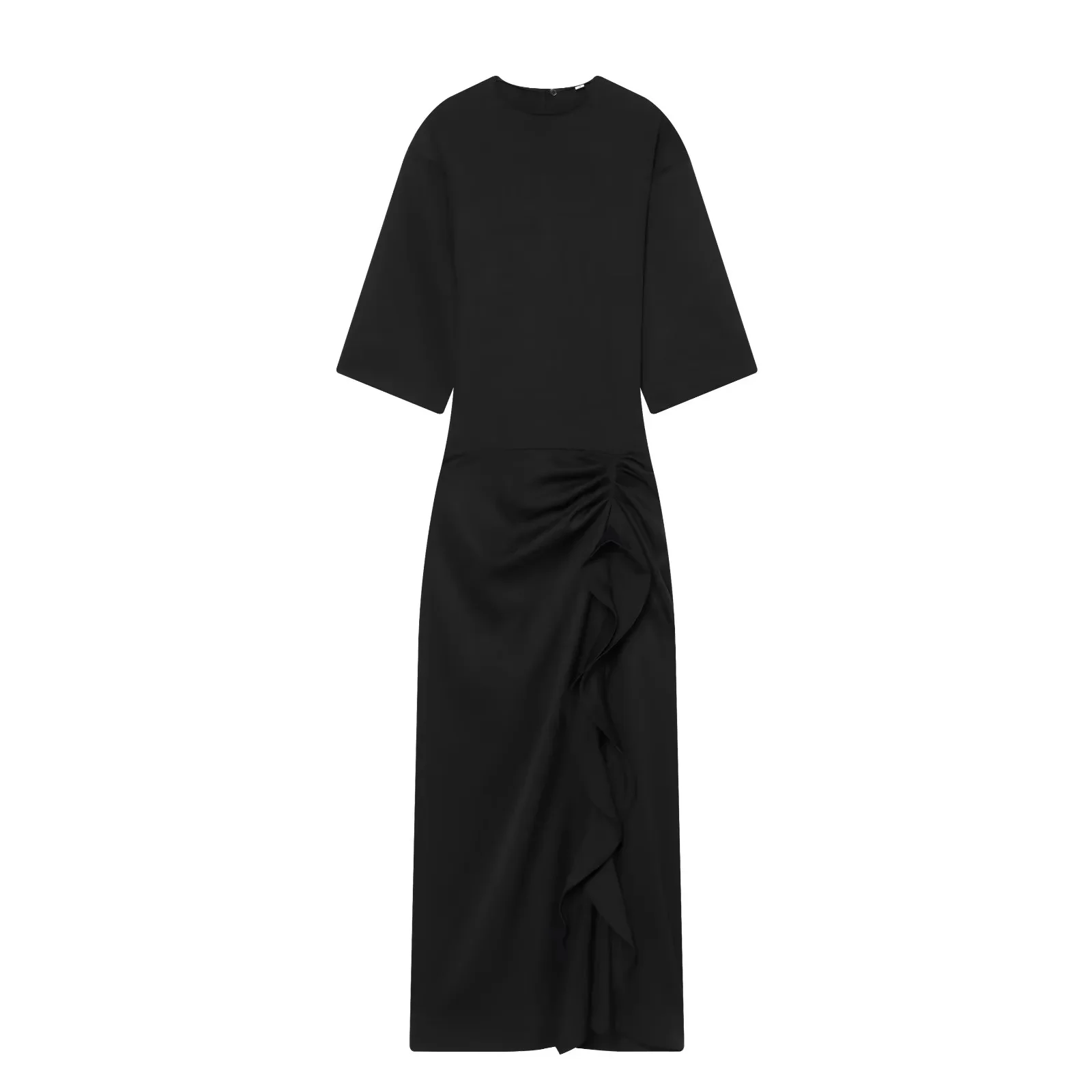 Vestido Midi BSAY 2026 para Mujer, Color Sólido, Cuello Redondo, Manga Media, Corte Ajustado, Volantes Laterales, Abertura Lateral, Elegante, Formal, para el Trabajo