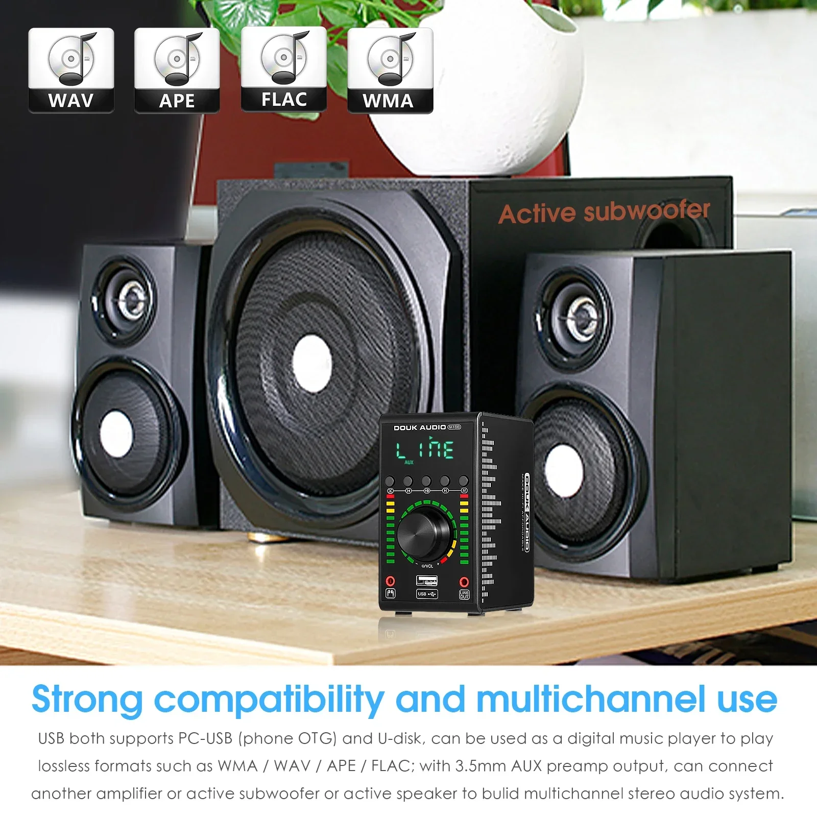 Douk Audio Mini amplificador Digital COAX/OPT integrado Bluetooth 5,0 Amp hogar/coche/amplificador de Audio marino reproductor USB 24B/192K