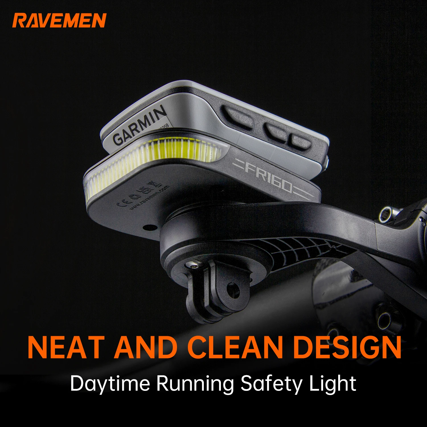 Luz Delantera para Bicicleta RAVEMEN FR300 FR160, Soporte AOM05 Compatible con GPS Garmin Wahoo, Luz Frontal de Seguridad para Bicicleta con Visibilidad Lateral