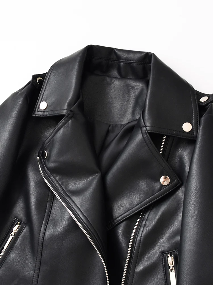 Ailegogo nueva primavera otoño Moto Biker chaqueta holgada de piel sintética negra ropa de calle mujer abrigo con cremallera prendas de vestir