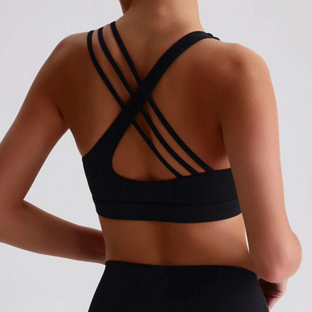 Color sólido de alta resistencia correa cruzada para el hombro gimnasio ropa interior de gimnasio mujeres Fitness deporte sujetador Top a prueba de golpes atlético apretado entrenamiento W