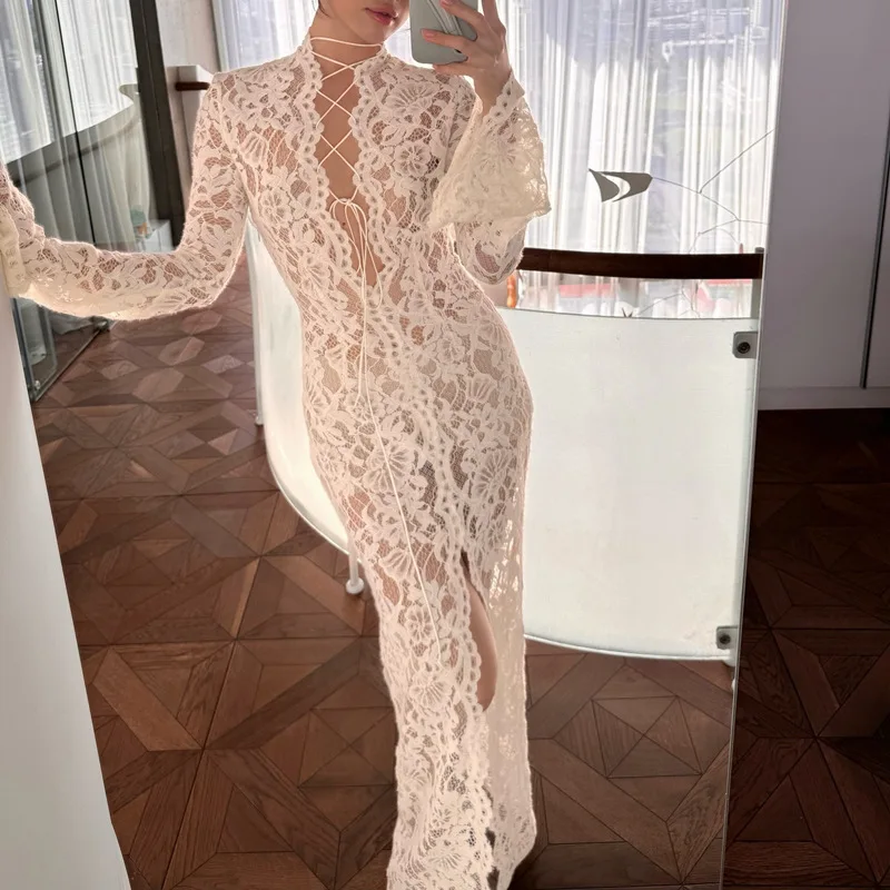 Vestido largo drapeado transparente de encaje calado criptográfico para mujer, vestidos sexis de vendaje con cordones y manga larga divididos, Vestido Coqueta