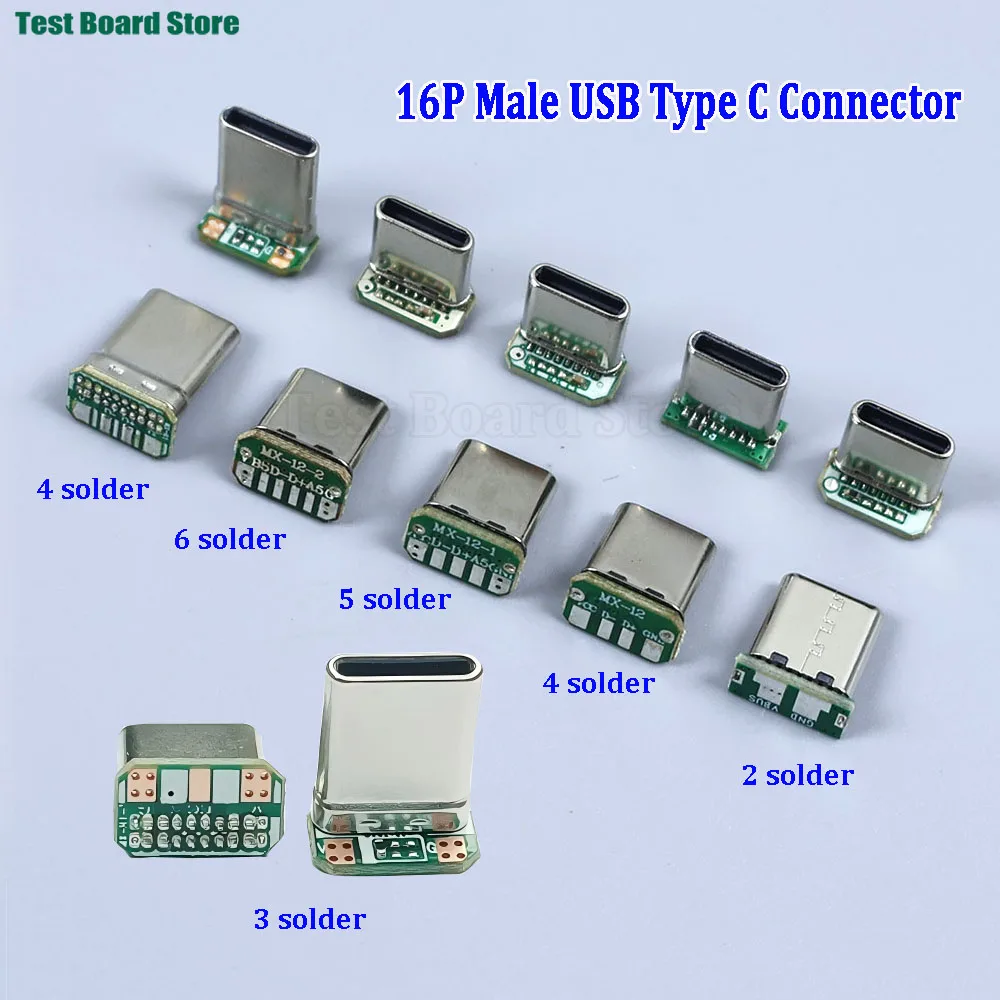 2/5/10PCS Conector USB Tipo-C Macho de 16 Pines Vertical para Carga y Datos con Placa PCB de Soldadura 2/3/4/5/6, Cabeza Macho USB C de 16 Pines