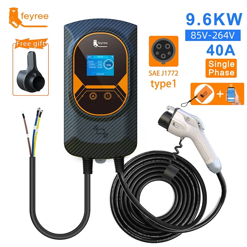 Cargador Feyree EV Tipo 1 EVSE Wallbox 32A 7.6KW 40A 9.6KW 50A 12KW Monofásico Adaptador J1772 Control por APP para Vehículo Eléctrico