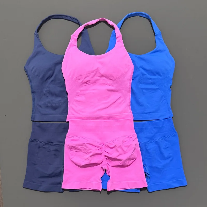 Conjunto deportivo Histello de 2 piezas para mujer, cuello Halter, a prueba de golpes, palangre, Top con tiras, pantalones cortos de entrenamiento, conjuntos de ropa deportiva, traje de gimnasio