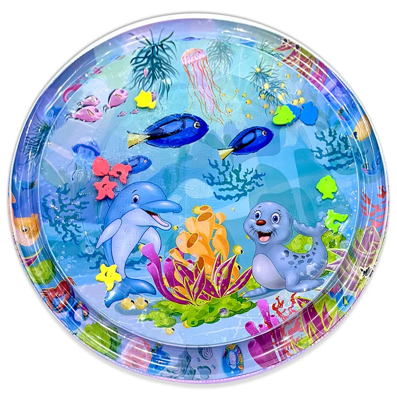 Alfombra de agua grande para jugar al bebé, 100cm, patrón de sello de delfín, alfombra de juego redonda inflable de PVC, cojín, regalo para niños, 1 ud.