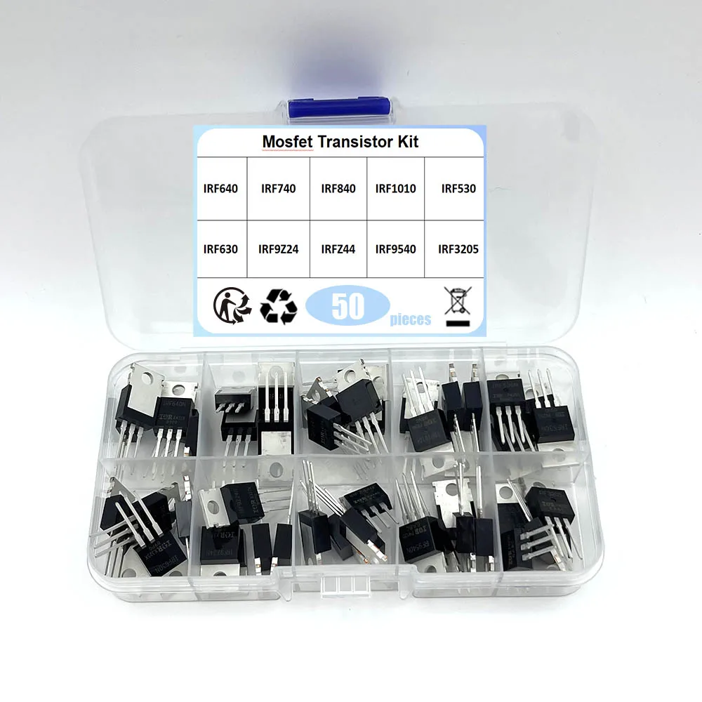 50 unids/caja 10 valores Kit de transistores de efecto de campo IRF3205 IRF640 IRF740 IRF840 IRF530 IRF630 IRF1010 IRFZ44 IRF9540 IRF820 IRF9Z24