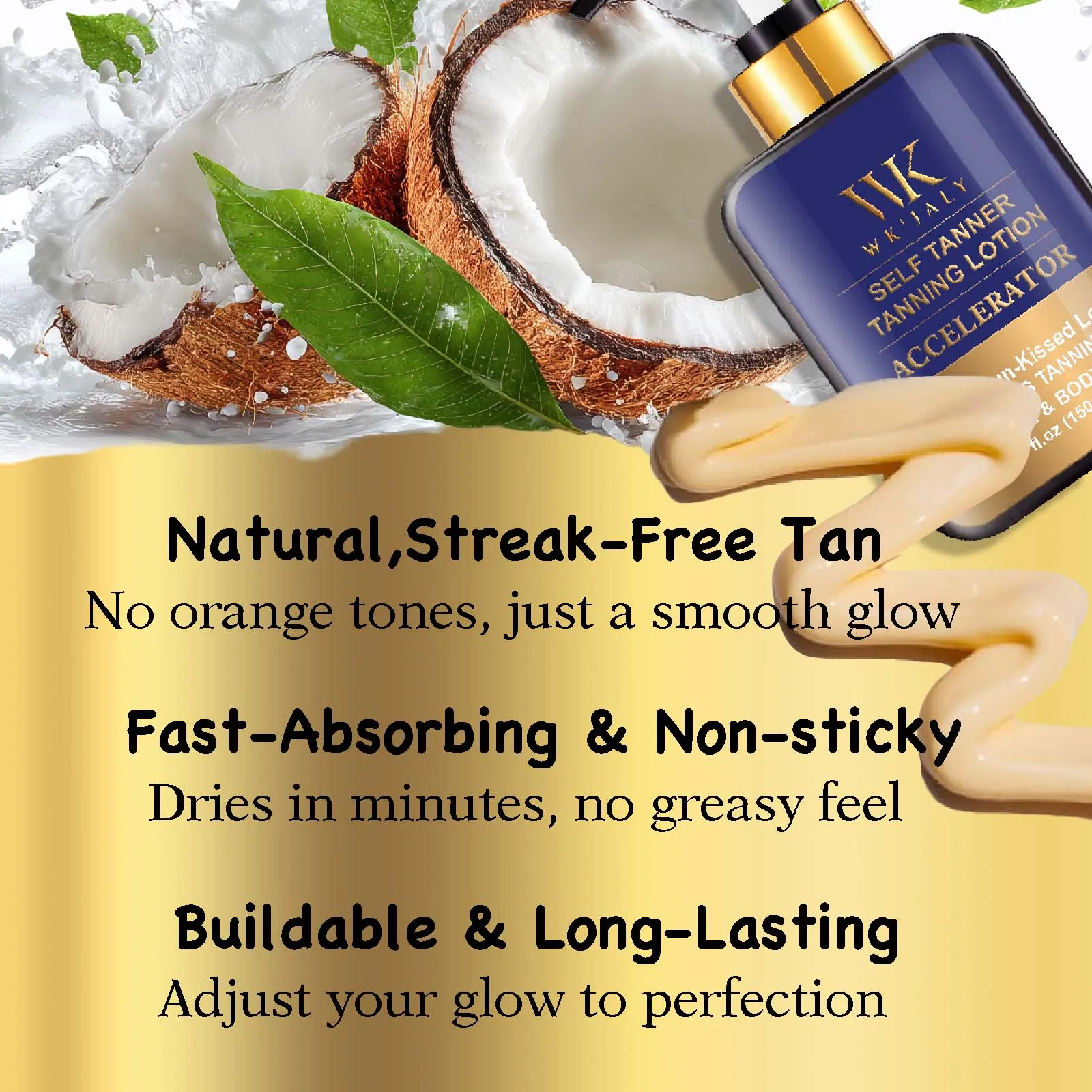 WK JALY Loción corporal autobronceadora, tono de piel medio, crema bronceadora sin sol con aceite de coco, aceite de zanahoria, manteca de karité