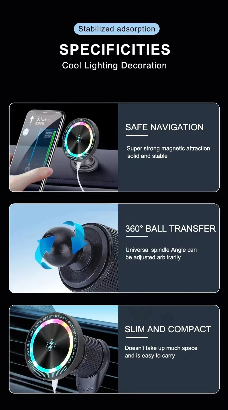 Cargador de inducción magnética de 15W, carga inalámbrica rápida para vehículo y coche, soporte para salpicadero Samsung iPhone 15 Magsafe Macsafe
