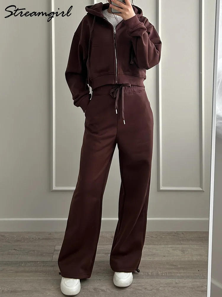 Chándales de mujer, chándal de lana de invierno, sudaderas con capucha y pantalones de chándal marrones cálidos con cremallera, conjunto para mujer, conjuntos de pantalones de terciopelo de 2 piezas, chandal mujer