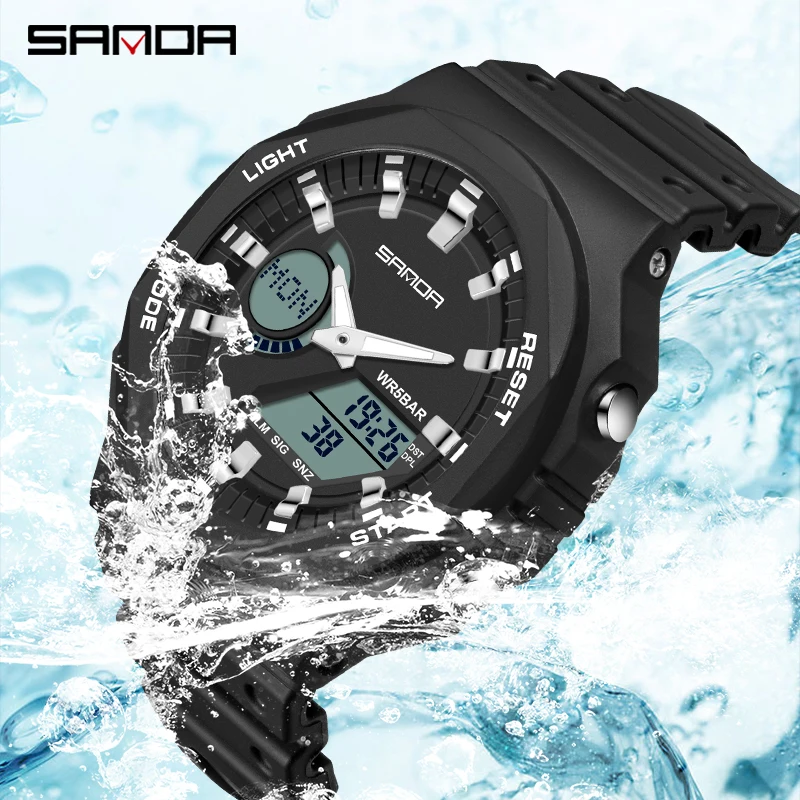 SANDA-reloj deportivo militar para hombre, cronógrafo de cuarzo, resistente al agua, con pantalla Dual LED, Digital