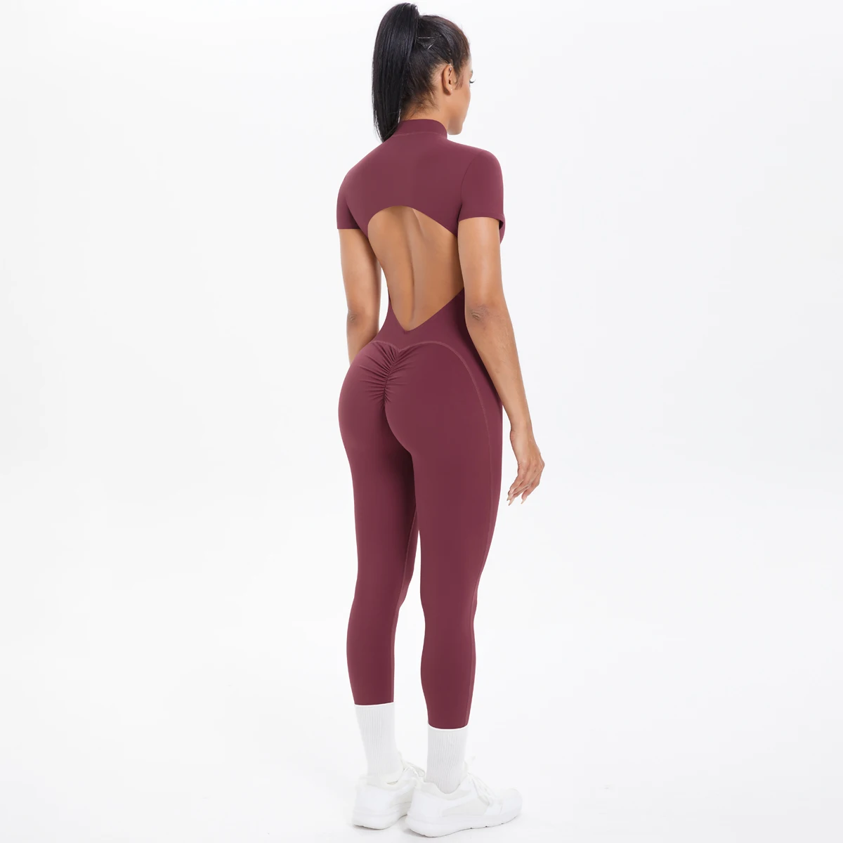Mono deportivo de manga corta para mujer, monos con espalda descubierta de Color sólido, traje de una pieza con media cremallera, conjuntos de Yoga para gimnasio para mujer