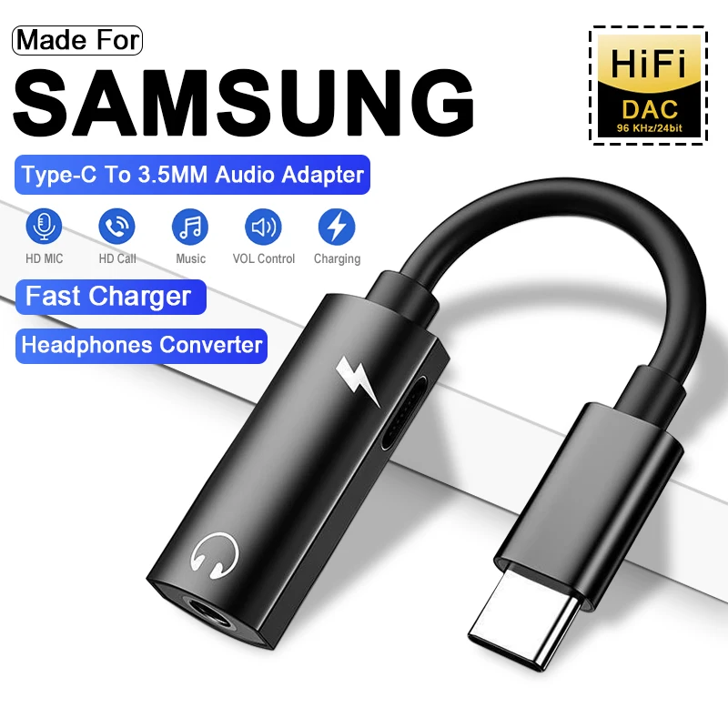 Adaptador de Audio 2 en 1 tipo C a conector de auriculares de 3,5 MM para Samsung Galaxy S24 S23 S22 Ultra A54 A34 A53 Note 20 10 cargador USB C