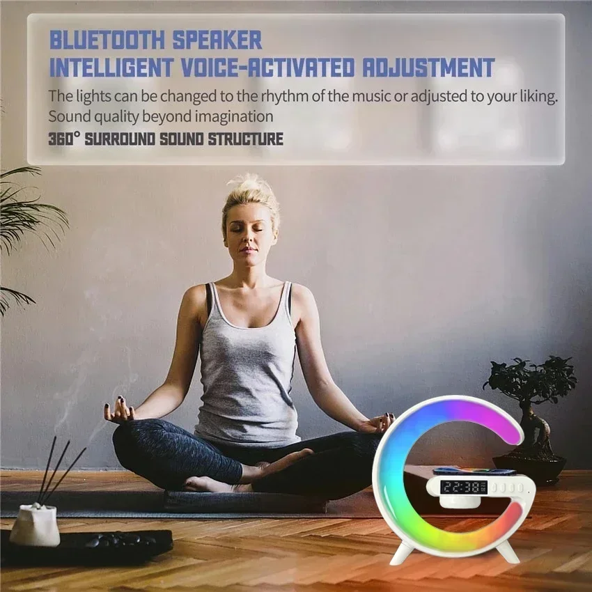 Soporte de cargador inalámbrico multifunción, altavoz despertador con luz RGB para iPhone, Samsung, Xiaomi, Mini estación de carga rápida