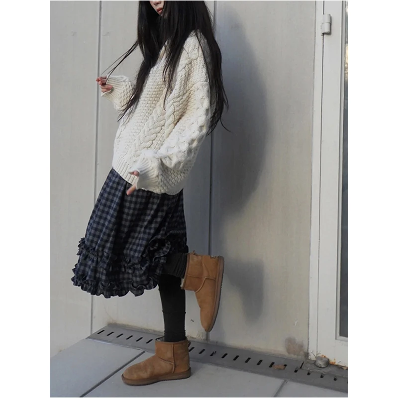MEXZT-Falda Midi Vintage a cuadros para mujer, Faldas de retales con volantes de Harajuku japonés, ropa de calle informal Y2K, Faldas de corte A, novedad