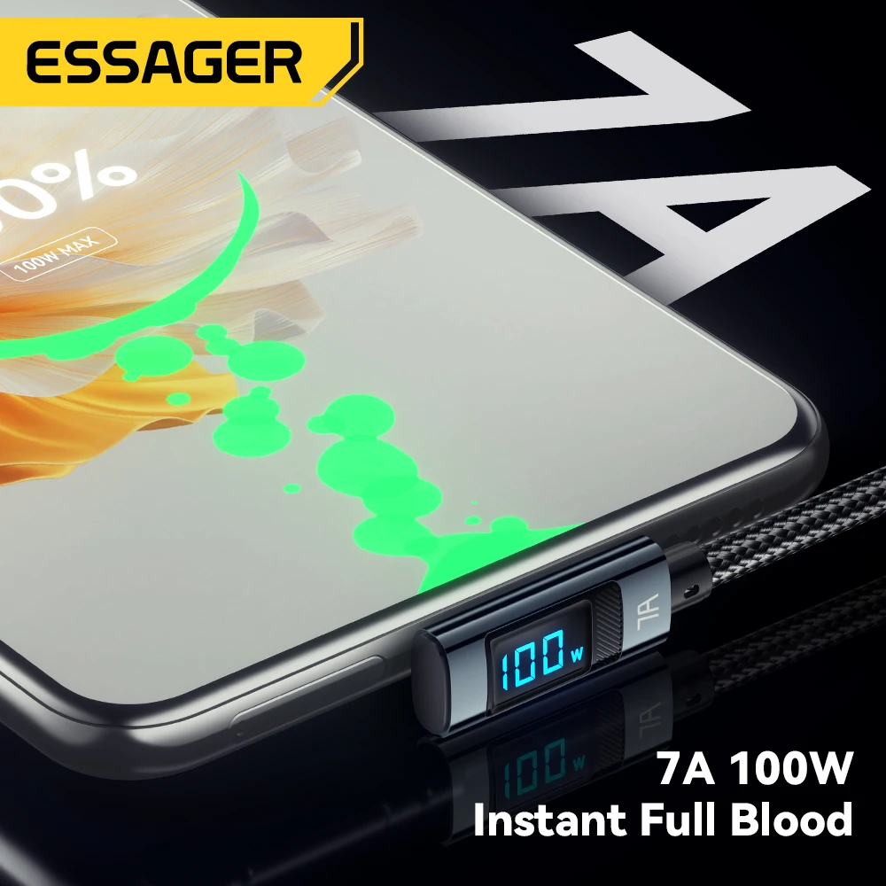 Essager 7A 100W Cable USB C carga rápida pantalla Digital codo tipo C Cable para Huawei Mate60 Pro Xiaomi Samsung Vivo Cable de datos