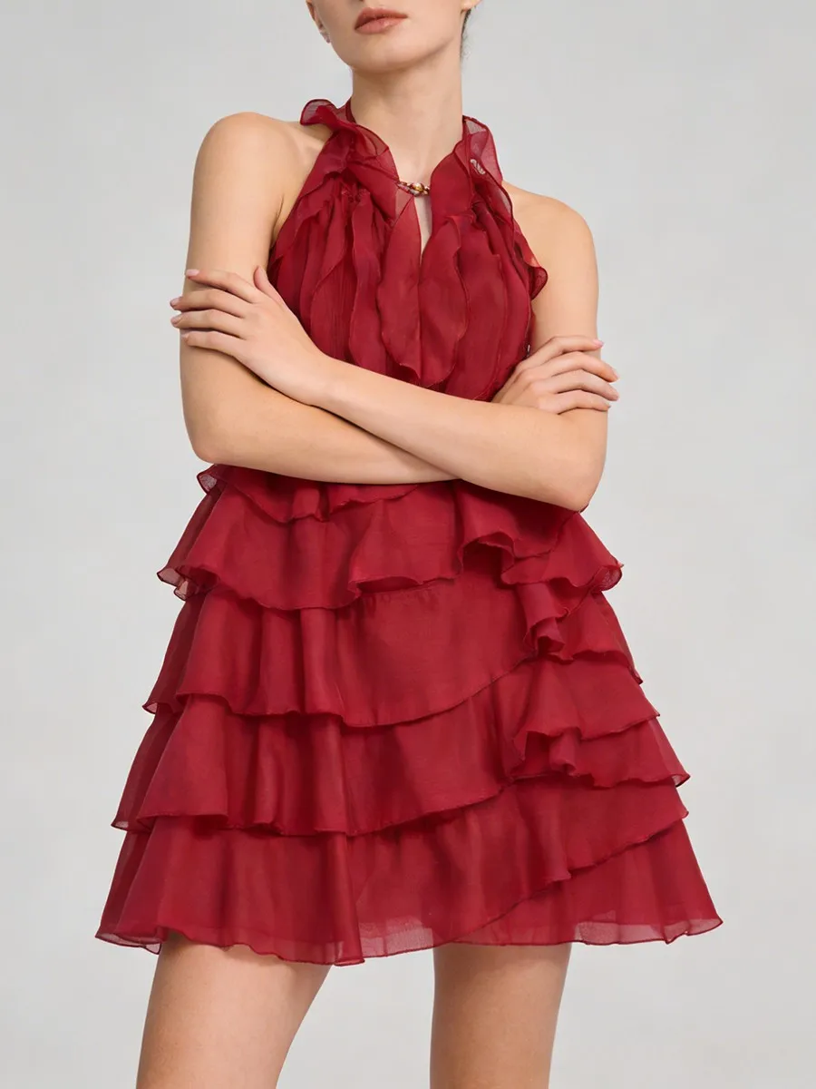 Vestidos Mini con Volantes y Corte Entallado de Moda TWOTWINSTYLE para Mujer, Cuello Redondo, Sin Mangas, Cintura Alta, Vestido Casual Femenino Nuevo