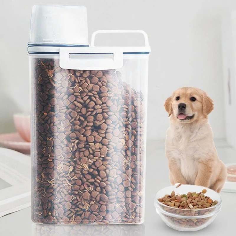 Contenedor de almacenamiento de alimentos para perros y gatos, cubo de plástico con taza medidora hermética a prueba de humedad, suministros para mascotas, tarro de cocina, 1,5 kg/2kg